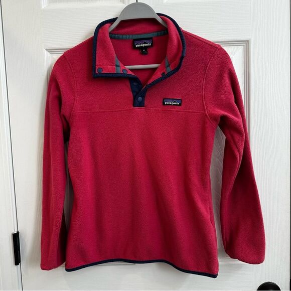 Patagonia Synchilla Snap Button Pullover Pink Fleece Navy Trim Womens Xsmall - Picture 1 of 8